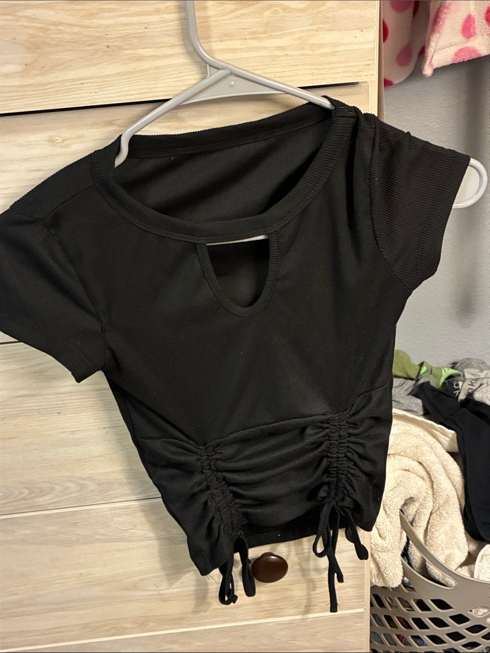 Black Ruched Drawstring Crop Top - Women